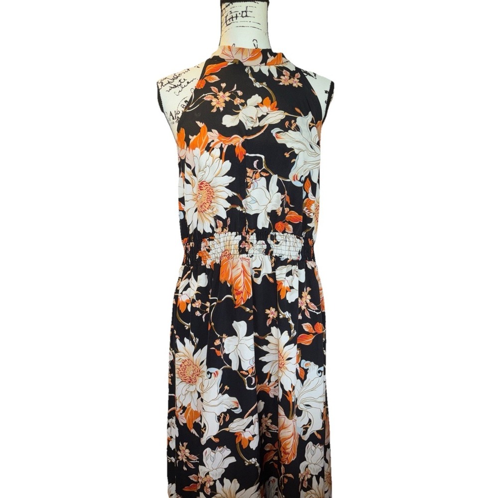 JORESS CURVE Black Orange Floral Halter Maxi Dress 1X